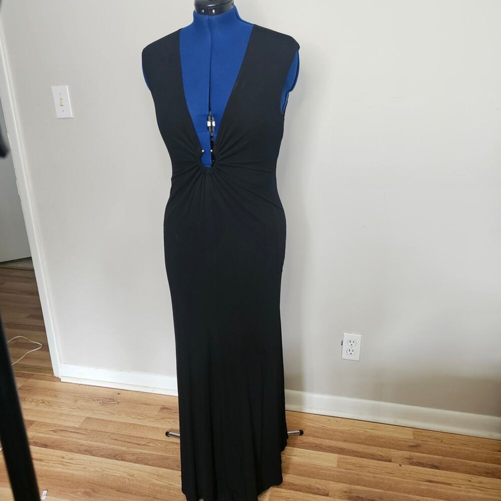 BCBGMAXAZRIA Black Rayon Plunge Neck Ruched Maxi Dress Size M Y2K - Picture 2 of 9